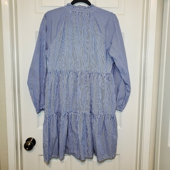 J.crew Tiered Popover In Blue Striped Cotton Notched V-neck Dress M - Picture 8 of 14